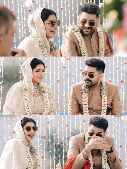 A collage of a couple's candid moments during their daytime wedding ceremony, their sunglasses adding a cool, modern touch.