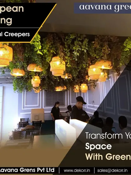 This is another view of our European ceiling installation, showing how artificial creepers can transform a commercial space into an enchanting, green haven.