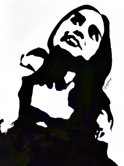A finished portrait of a woman, created using my signature black and white shadow technique. This style uses stark contrast to create a bold and expressive piece of art from a client's photo.