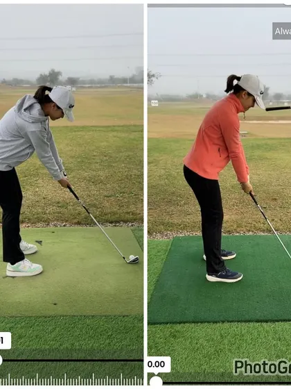 The setup transformation. We improved her posture and balance, creating a more athletic and ready position to start the swing.