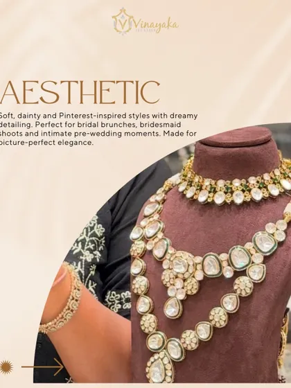 For a soft, aesthetic bridal look, I have these beautiful Kundan sets. The dreamy detailing and large stones are perfect for pre-wedding shoots, bridal brunches, or for the bridesmaid.