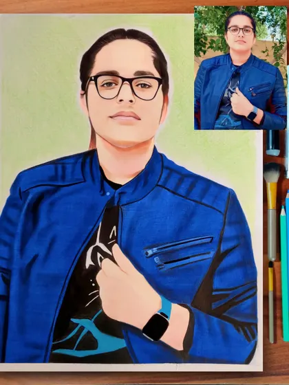 A cool and confident portrait on A4 paper. The bright blue jacket was the main focus, and I used colored pencils to make it look realistic and vibrant.