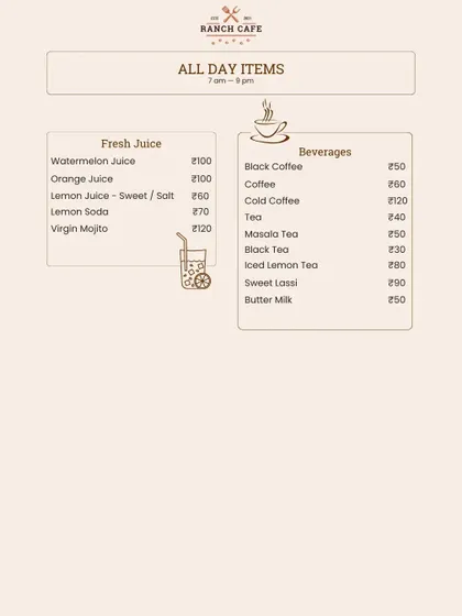 A look at the fresh juices and beverages section of our menu. We offer everything from a classic cold coffee to a sweet lassi to complement your meal.