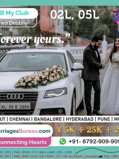 A couple stands beside their decorated wedding car, ready to start their new life. This image signifies the promise of 'Forever yours' and the beginning of a shared destiny.