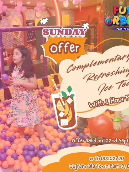Our Sunday offer featuring a complimentary refreshing iced tea with one hour of play. A perfect treat for parents while the kids burn off energy.