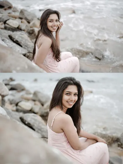 A diptych from the beach photoshoot, showing both a close-up and a medium shot. This gives a more complete story of the session, capturing her smile and her graceful presence by the sea.
