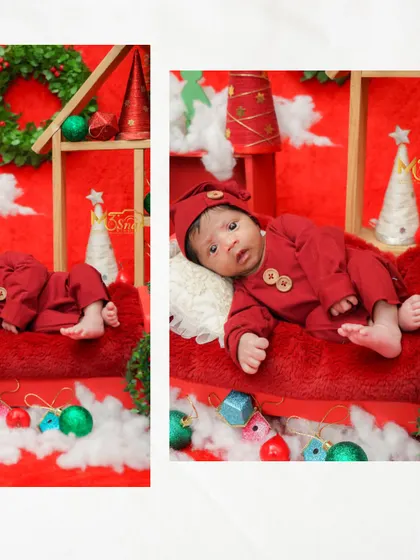 A collage from a Christmas-themed session. It shows both sleepy and alert moments, capturing the baby's first holiday in style.