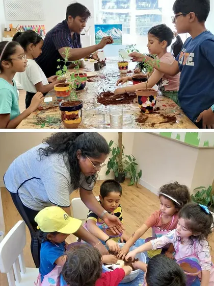 Children and parents working together at our gardening workshop. This image shows how our activities are designed for family participation, making learning a shared experience.