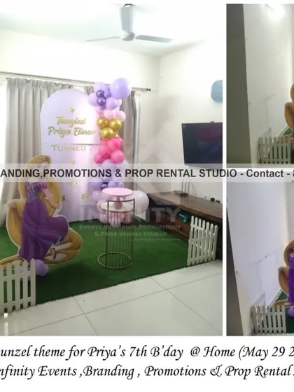 Let your hair down! A simple and sweet Rapunzel theme for a 7th birthday at home. This setup includes a semi-arch backdrop, a character cutout, and a lovely balloon arrangement, perfect for a fairytale celebration in a smaller space.