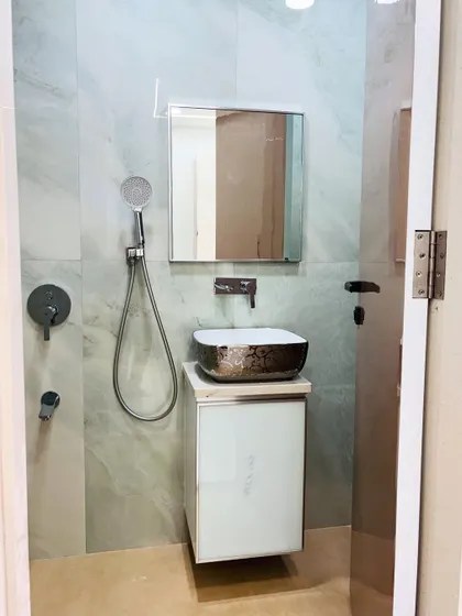 A full view of the bathroom layout, showing the clear separation between the dry area with the vanity and the wet shower area.