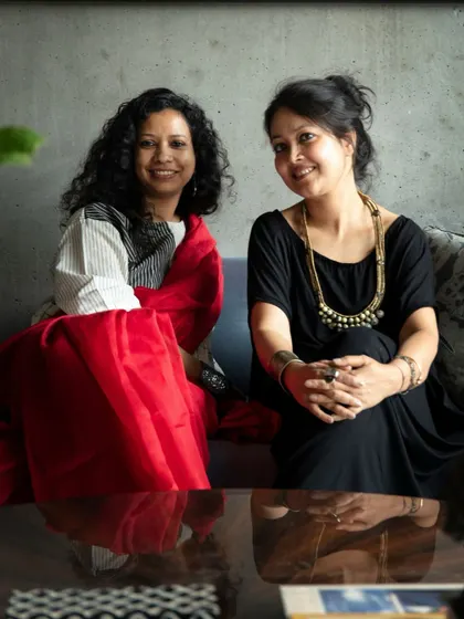 A portrait of us, Joya Nandurikar and Amrita Guha, taken at the Bammi Residence. This home is a true reflection of our collaborative spirit and our passion for creating narrative-rich, artful spaces.
