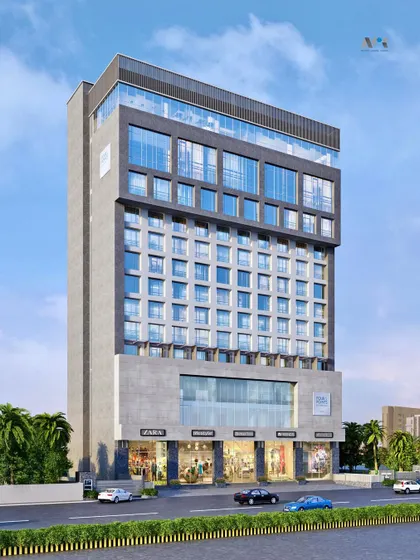 Another render of the Four Points by Sheraton in Nashik. The building's clean lines and material palette create a sophisticated and contemporary look.