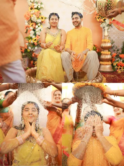 The traditional and fun ritual of bathing the couple with water and blessings during the Haldi ceremony. I capture every step of these important traditions.