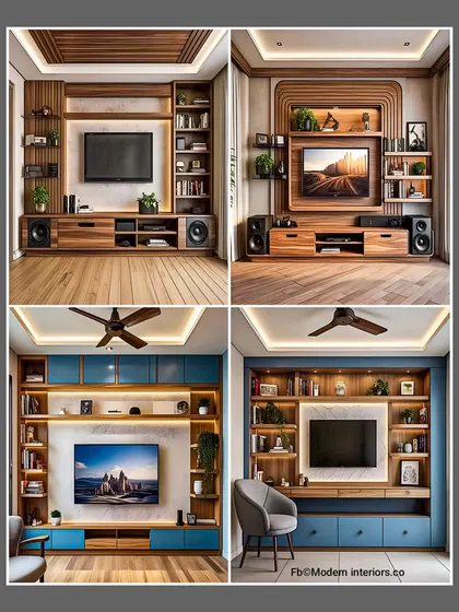 This collage showcases four different approaches to TV unit design. You can see how I play with color, like the bold blue unit, and texture, like the fluted back panels, to create unique looks that cater to different tastes while always prioritizing storage and style.