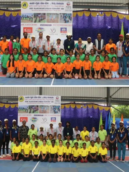 The girls' teams line up at the Inter-Village Kho-Kho & Kabaddi Tournament. We are committed to increasing female participation in sports, and these events provide a safe and encouraging space for girls to compete.