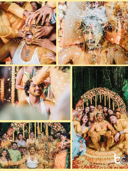 The full spectrum of a fun-filled Haldi, from being covered in turmeric paste to being drenched with water, all while surrounded by friends.