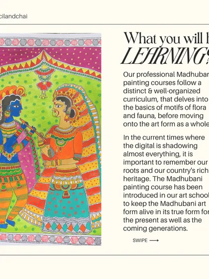 This image explains our well-organized curriculum for Madhubani painting, which starts with the basics of flora and fauna motifs before moving to the art form as a whole.