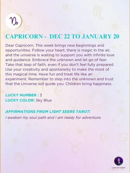 This week's tarot reading for Capricorn. The reading brings new beginnings and opportunities. Follow your heart, there is magic in the air.