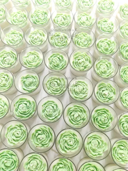 A sea of green peony votive candles, part of the large Teacher's Day order, showing my ability to execute large, color-specific requests.