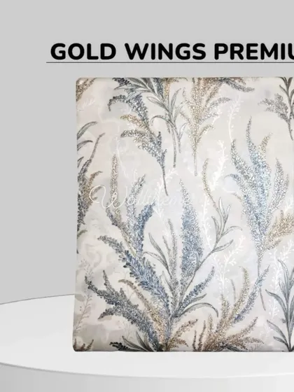 The 'Gold Wings Premium' wallpaper with a feathery plant design in blue and gold.