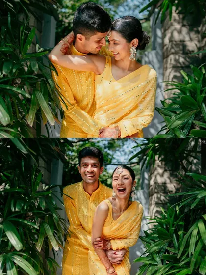 A playful and intimate portrait of the couple during their Haldi celebrations. Their coordinated yellow outfits and genuine laughter, framed by lush greenery, perfectly capture the happiness of the day.