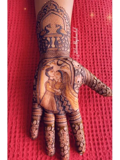 A Karwa Chauth portrait showing the couple under the moon. This design captures the romance and tradition of the festival perfectly.