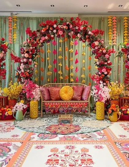 A breathtakingly vibrant Mehendi stage. The decor is a riot of colors, with a dense floral arch, patterned carpets, and numerous traditional elements.
