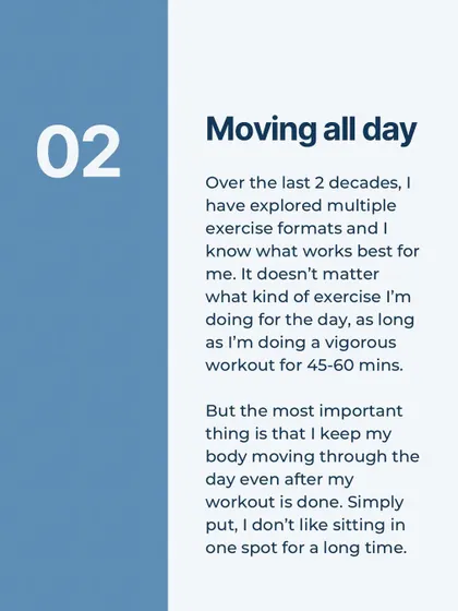 The five habits that kept me healthy for decades: consistent eating, moving all day, drawing boundaries, resting well, and being content.