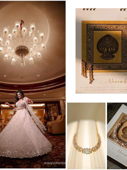 A collage of details from a reception, including the bride's gown, the chandelier, and creative shots of the jewelry with a custom calendar.
