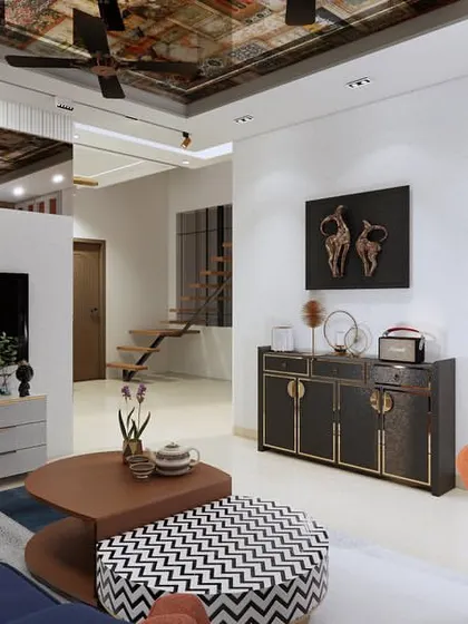 This angle showcases the custom cabinetry and unique wall paneling with arch details. The mix of colors, patterns, and textures creates a dynamic and visually interesting living space.