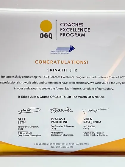 We celebrate our coaches' achievements. Congratulations to Srinath J R, Chief Coach at PBA JP Nagar, for completing the prestigious OGQ Coaches Excellence Program.