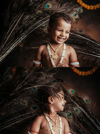 A series of expressive portraits from the little Krishna shoot. The top image shows a big, toothy grin, while the bottom captures a more candid, laughing profile, showcasing the dynamic range of emotions I aim to capture.