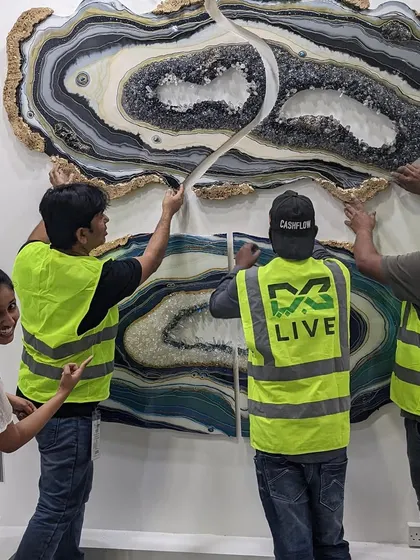 Teamwork makes the dream work. Here we are installing a large geode piece for an exhibition in Dubai. It takes a careful hand to get everything just right.