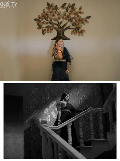 Artistic portraits of the bride, including a dramatic black and white shot on a staircase. We play with light and shadow to create memorable images.