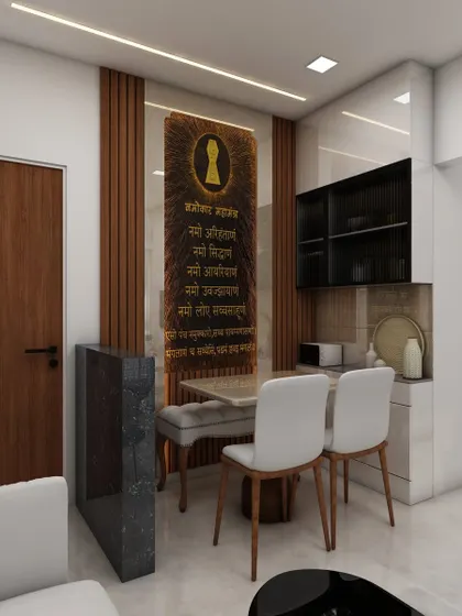 This dining area incorporates a sacred space with a beautiful wall inscription, showing how we respect and integrate cultural elements into our contemporary designs.