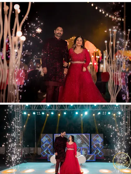 The couple's grand entrance and a romantic pose on stage, both moments highlighted by sparklers.
