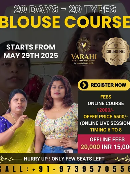 My 20-day blouse course is designed to make you a master of blouse stitching, with options for both online and offline learning.
