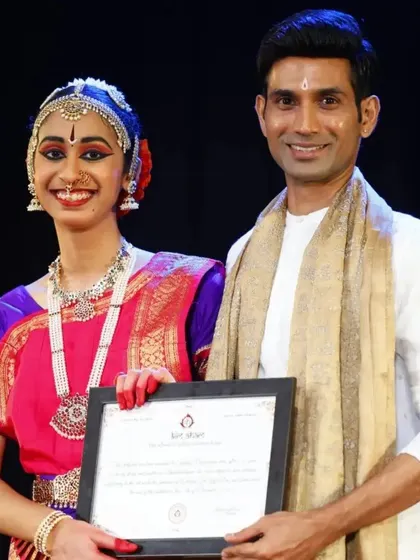 The journey of a dancer is long, but the moment a student completes their Rangapravesham is a moment of immense pride for both of us. Here I am with my disciple Sahana, celebrating her successful solo debut.