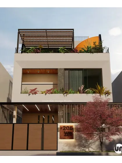 For this project in Sarjapur, the design intent was to embrace natural light and the orange flowering tree right in front of the plot. The facade is framed to maximize views and create a seamless connection between the indoor living spaces and the outdoors.
