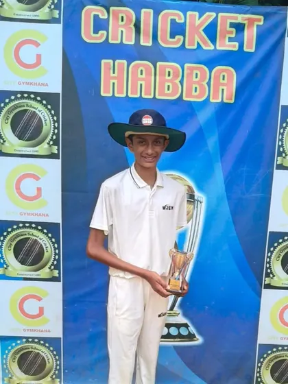 Saketh Hoskeri with his 'Man of the Match' trophy after a magnificent 4-wicket haul in the Cricket Habba Tournament U-14.