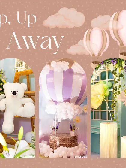 The 'Up, Up & Away' theme was brought to life with a hot air balloon cake table, fluffy cloud cutouts, and teddy bear accents, creating a dreamy and enchanting celebration.
