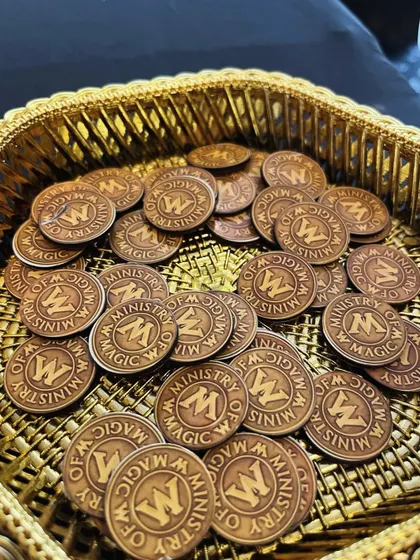 A bowl of 'Ministry of Magic' coins, an authentic detail that any Potterhead would love.