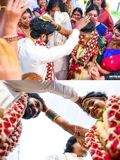 A collage capturing the blessings of family during the wedding ceremony.
