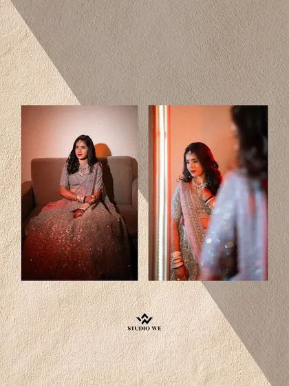 A collage of the bride looking elegant and thoughtful in her reception lehenga.