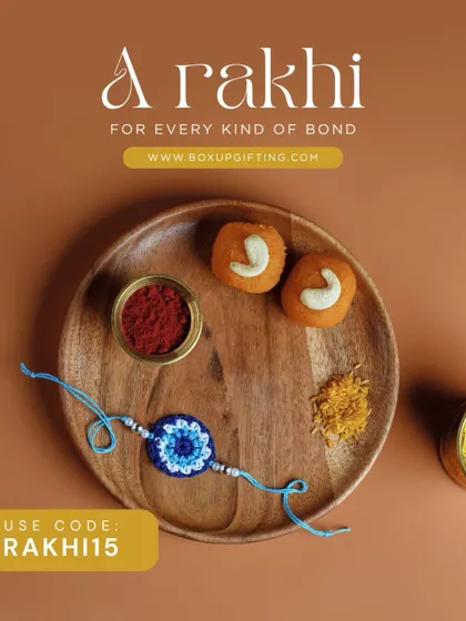 A Rakhi for every kind of bond. This beautiful hand-crocheted evil-eye Rakhi is perfect for protecting your sibling, presented on a traditional thali with sweets and kumkum.