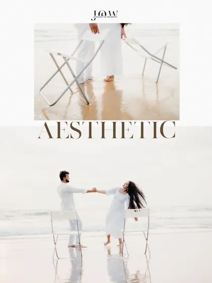 An aesthetic shot of a couple in white on the beach, using simple props like chairs to create a unique and modern pre-wedding concept. This shows how we can play with creative ideas to make your shoot stand out.