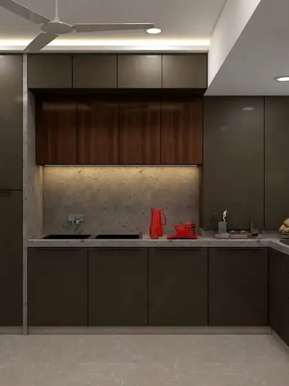 Another view from the 3D model, showing the complete U-shaped layout. These renders help us finalize every detail, from cabinet heights to lighting placement, ensuring there are no surprises.