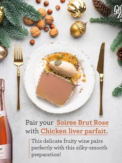 The delicate, fruity notes of our Soirée Brut Rosé pair perfectly with a silky-smooth chicken liver parfait. This is an elegant and sophisticated starter for any special occasion.