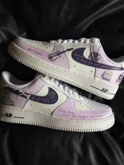 For the Swifties, these custom Nike Air Force 1s are inspired by Taylor Swift's "Speak Now" album, featuring iconic lyrics and symbols in a lavender and purple palette.