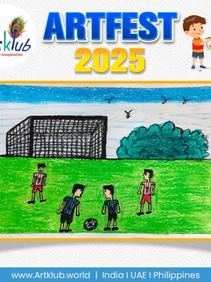 A friendly game of soccer on a bright green field, as imagined by a junior artist.